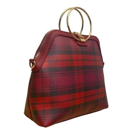 Iman Women’s Burgundy/Red Faux Leather Plaid Gold Ring Handles Crossbody Tote - Picture 4 of 11
